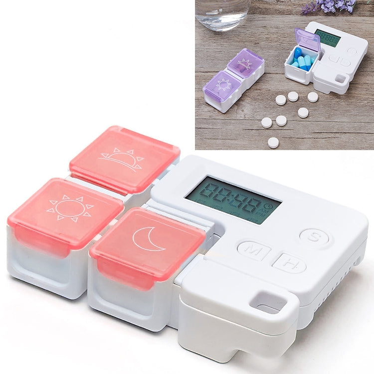 Bright red and white electronic pill reminder storage box with green LCD screen