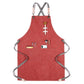 Red thick canvas apron with adjustable neck straps, front pocket organizer and metal tool loops.