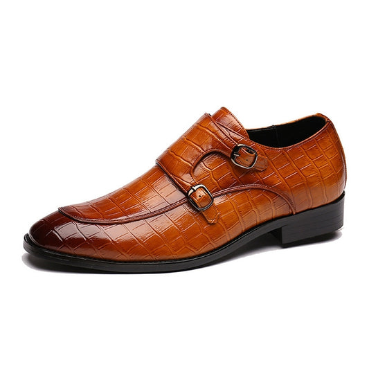 Crocodile-pattern leather formal slip-on shoes, dark tan, double-buckle strap