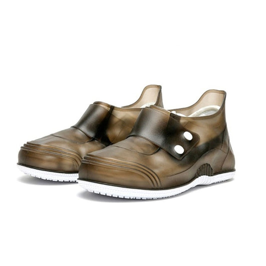 Low-top waterproof rain shoe covers, dark brown with flip buckle and thick white sole