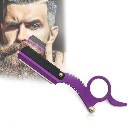 Purple vintage thumb razor with black blade holder and finger loop handle.