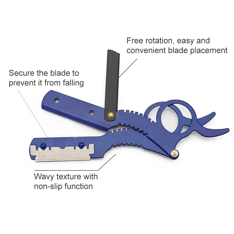 Blue thumb razor with black blade, serrated grip, and round finger loop handle.