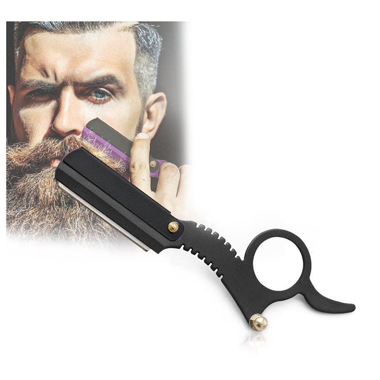 Dark/black thumb razor with black blade holder, serrated grip, and round finger loop.