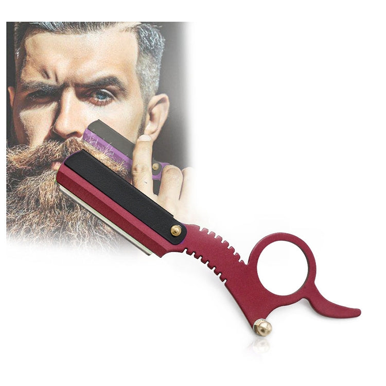 Red thumb razor with black blade holder, serrated grip, and round finger loop handle.
