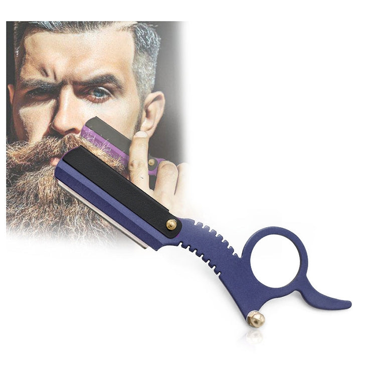 Blue thumb razor with black blade holder, serrated grip, and round finger loop handle.
