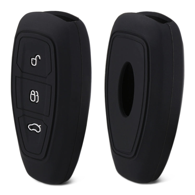 Black silicone car key cover with three button cutouts and metallic key icons
