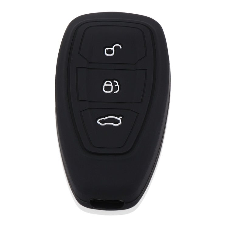 Black silicone key fob cover with three button icons on front and oval side opening