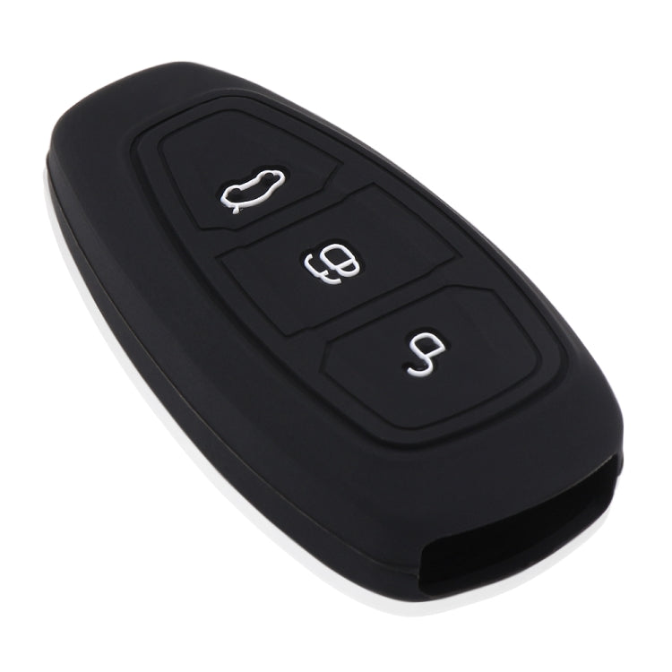 Black silicone key cover angled top view with three button icons and bottom side opening