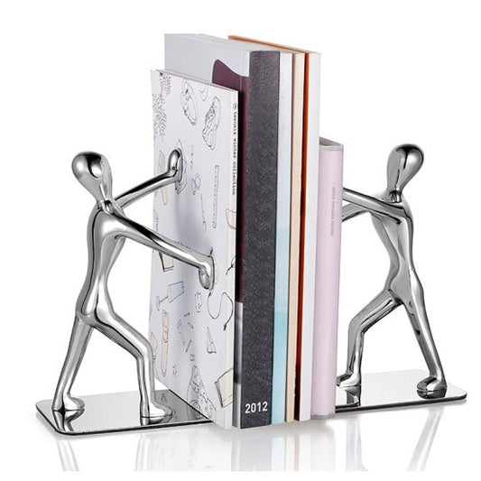Metal book push plate with standing figure sculpture, set of two, silver tone