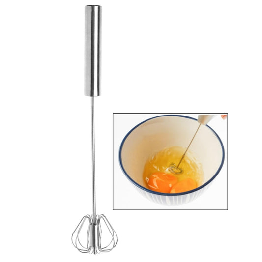 Handheld egg beater with two wire whisk attachments for mixing eggs in a bowl