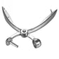 Stainless steel cherry nucleator with two curved prongs and central round knob