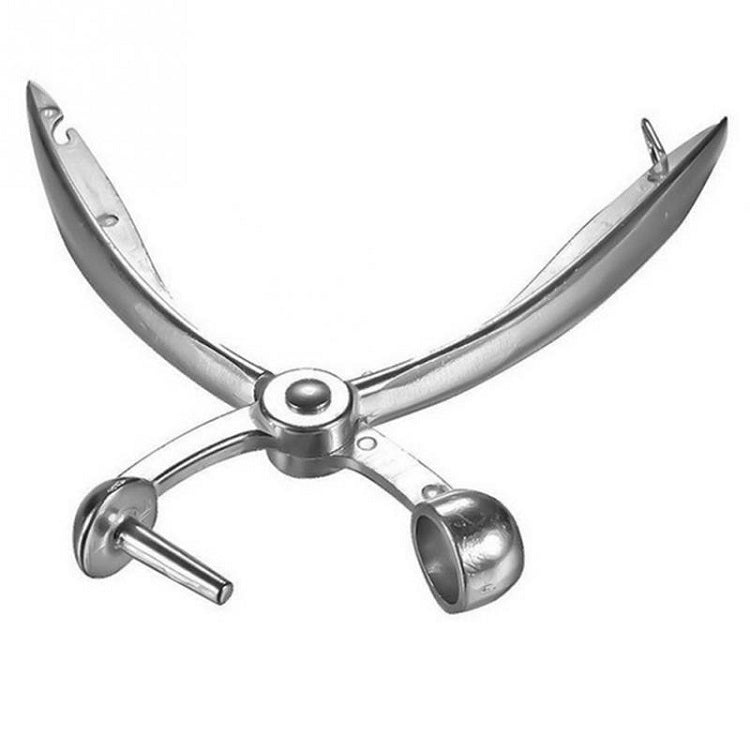 Stainless steel cherry nucleator with two curved prongs and central round knob