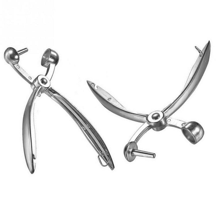 Stainless steel cherry corer showing two bent arms, central hinge, and side handles