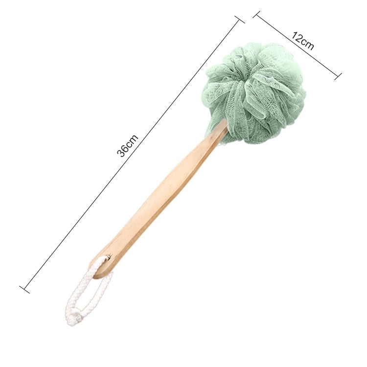 Green soft mesh shower brush with long wooden handle and hanging loop, measured size shown.