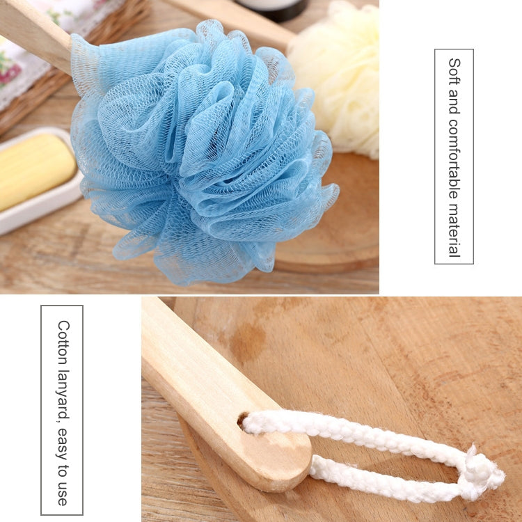 Light blue soft mesh body shower brush with long wooden handle and hanging loop.