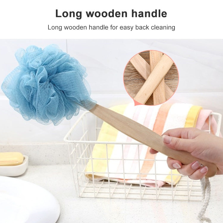 Long wooden handle soft mesh shower brush with blue pouf head and hanging loop.
