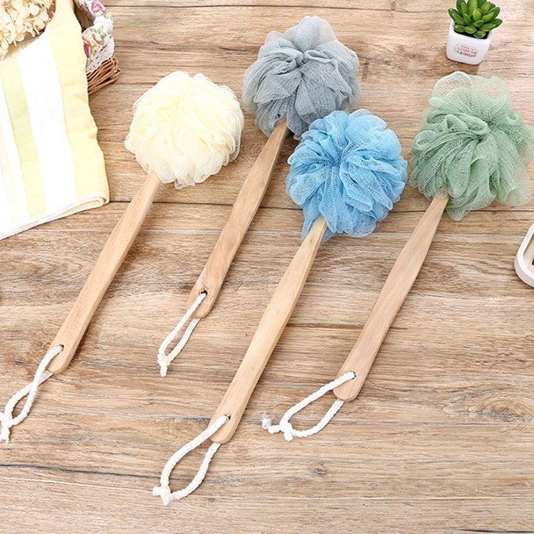 Assorted soft mesh shower brushes with wooden handles: green, blue, gray, and white.