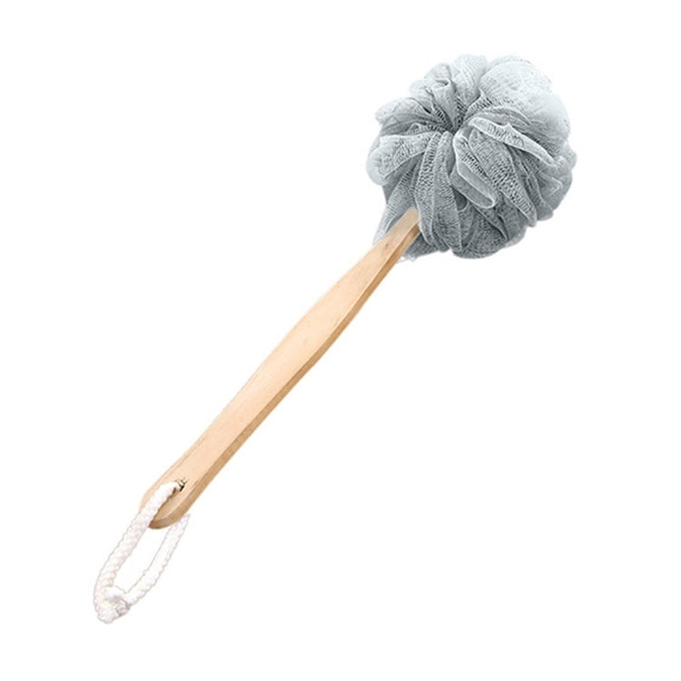 Gray soft mesh body shower brush with long wooden handle and hanging loop.