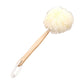 White soft mesh body shower brush with long wooden handle and hanging loop.
