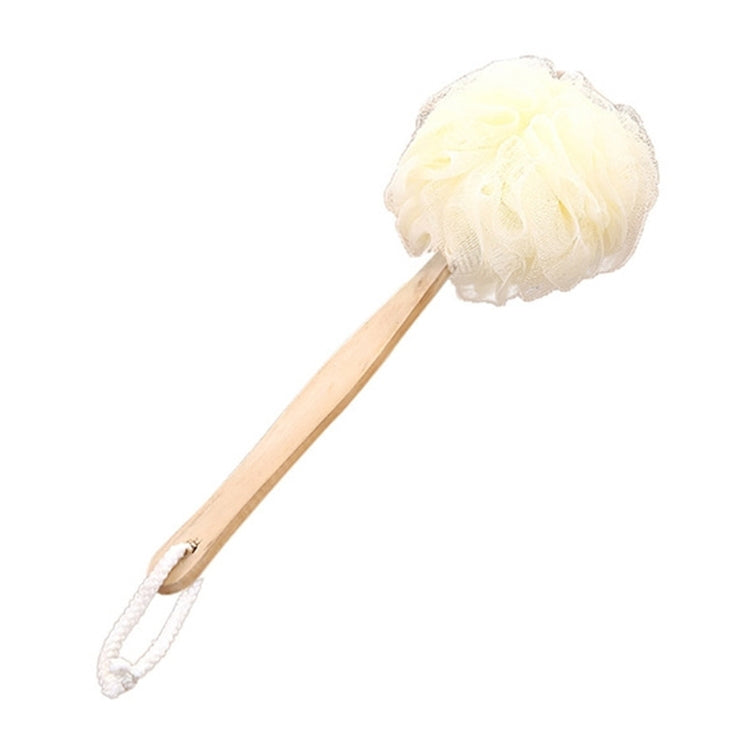 White soft mesh body shower brush with long wooden handle and hanging loop.