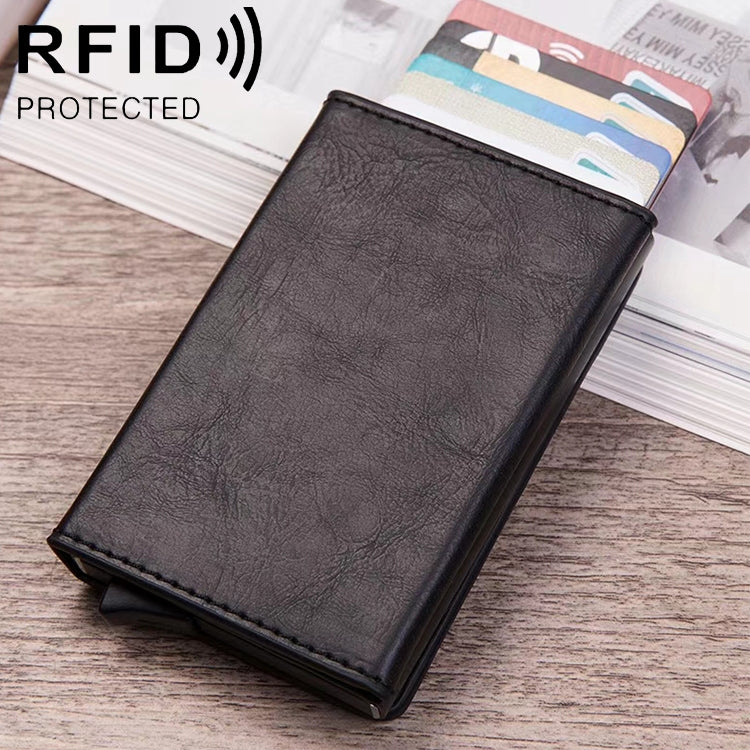 RFID card wallet with pop-up design, black faux leather cover