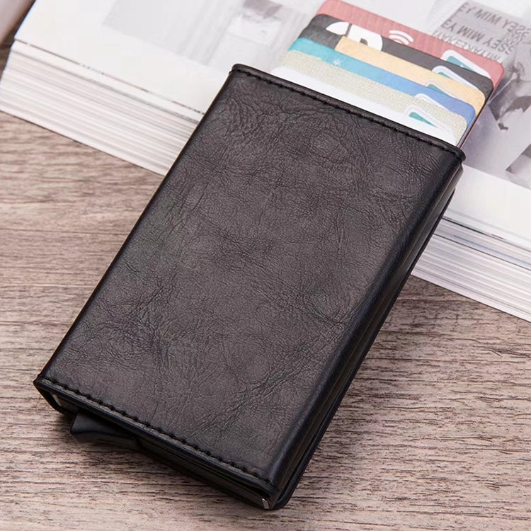 RFID card wallet, black faux leather cover with card slots at the top edge