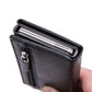 RFID card wallet, black faux leather, open with metal card insert