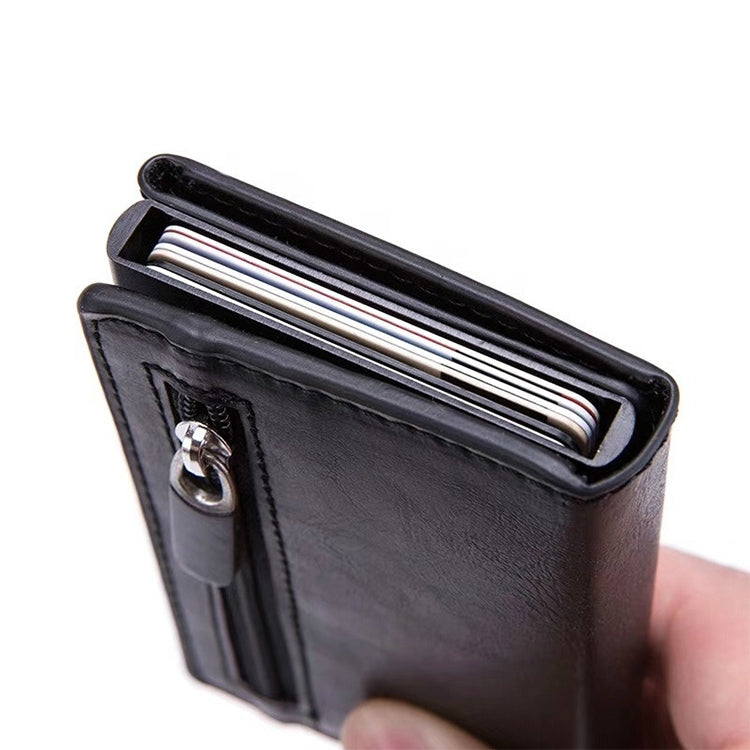 RFID card wallet, black faux leather, open with metal card insert