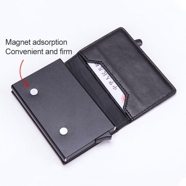 RFID card wallet, black faux leather, open with magnetic-style closure
