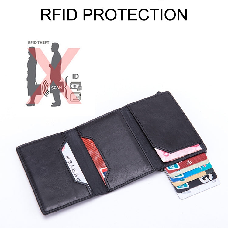 RFID card wallet, black faux leather, open interior with card pockets