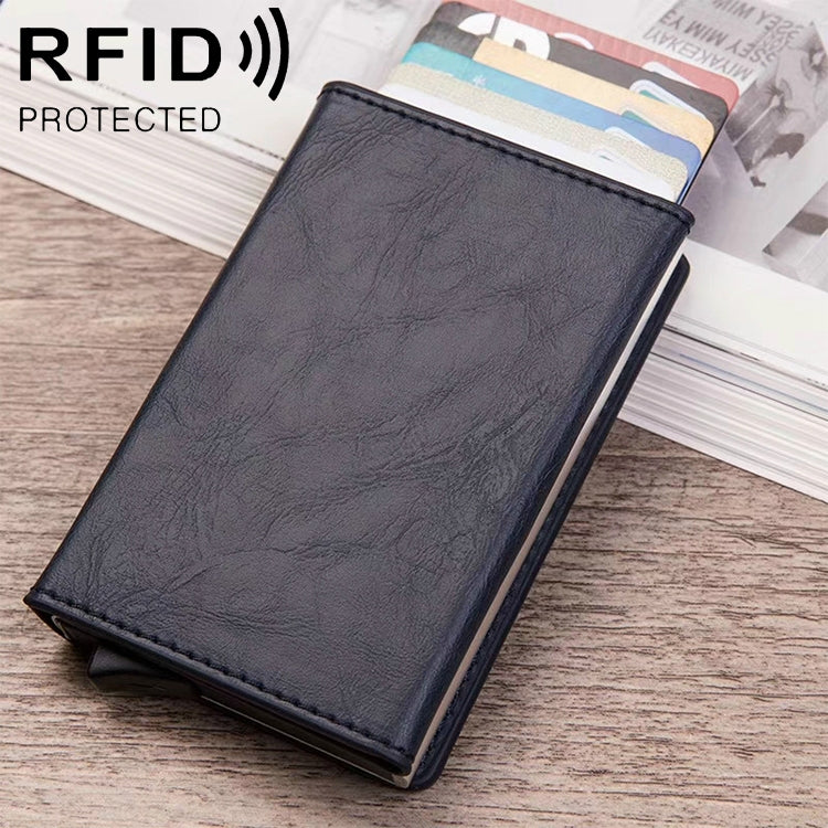 RFID card wallet, dark faux leather cover with card stack visible