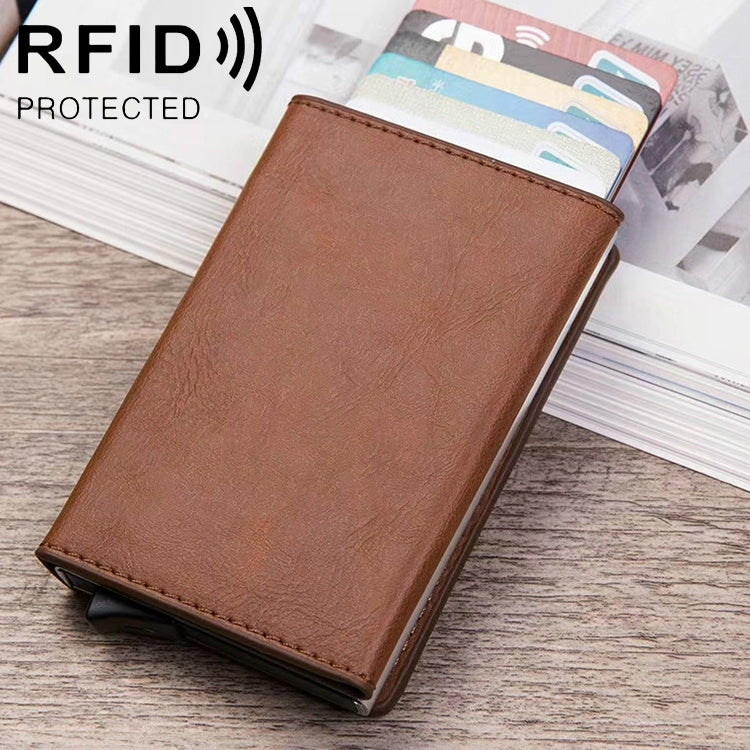 RFID card wallet, brown faux leather cover with card stack visible