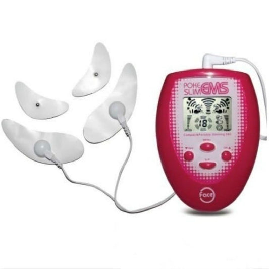 Pink EMS face slimming massager with four white electrode pads and cable