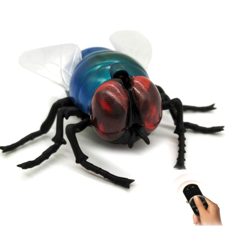 Teal and red electric housefly toy with white wings and handheld infrared remote controller