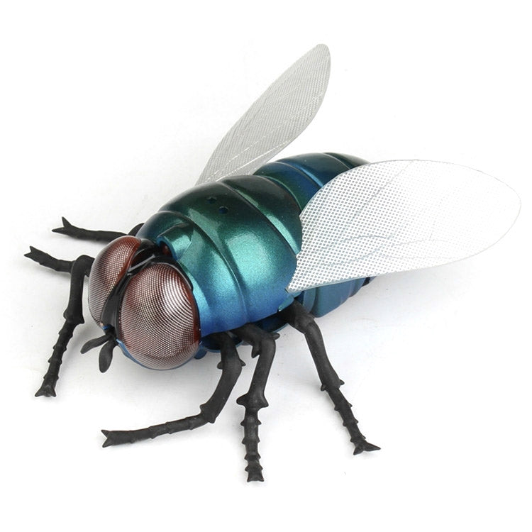 Blue-green electric housefly toy with white wings and red mesh face