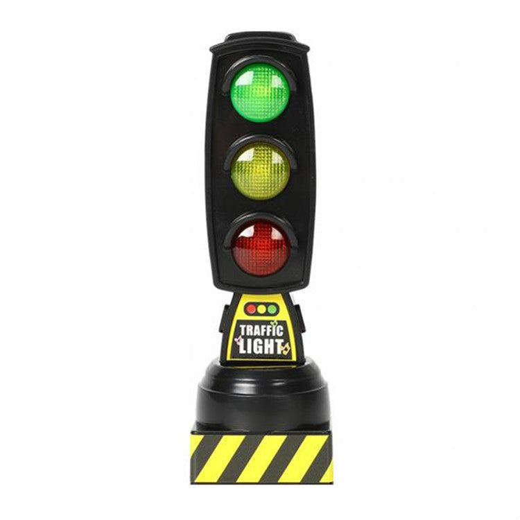 Toy traffic light on base with three colored LED lenses: green, yellow, red