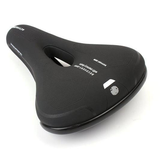 Black bicycle seat cushion with central cutout and textured top surface