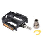 Black bike pedal with orange reflector, silver axle, and separate threaded cap