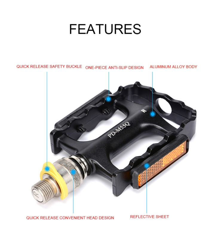 Black bike pedal with orange reflector and PD-M55Q marking, silver quick-release axle