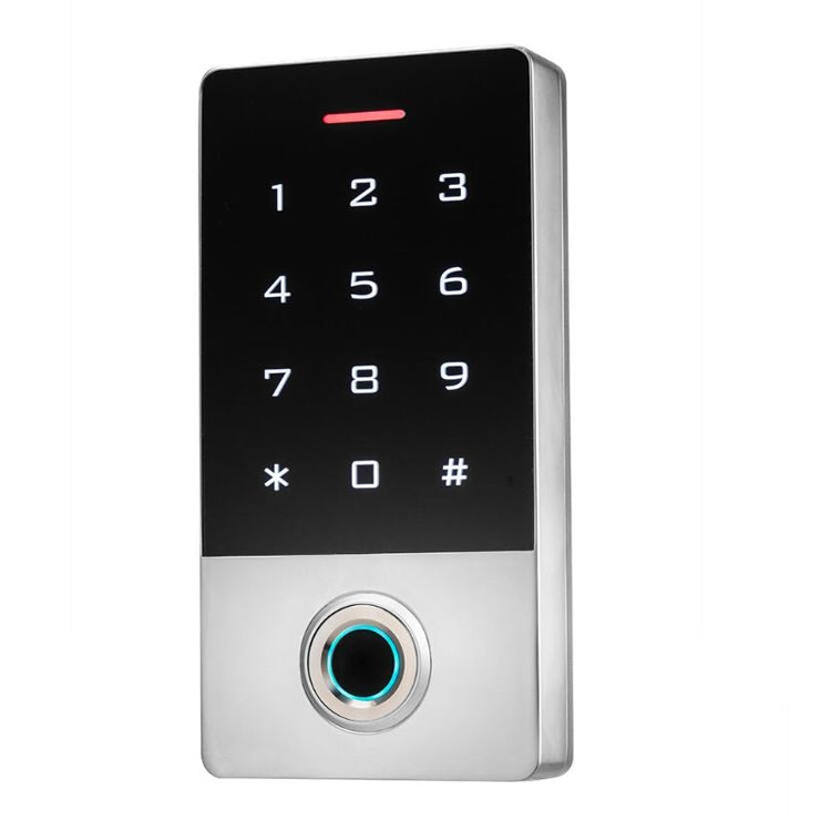 Fingerprint keypad access control with glowing ring, numeric buttons, and LED status
