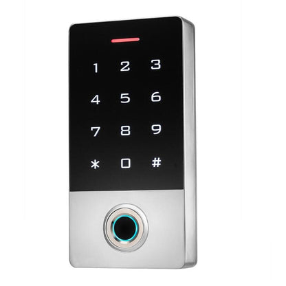 Fingerprint keypad access control with glowing ring, numeric buttons, and LED status