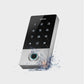 Fingerprint keypad access control with water splash around keypad and glowing sensor ring