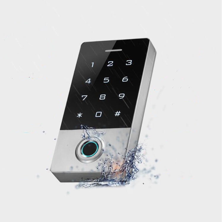 Fingerprint keypad access control with water splash around keypad and glowing sensor ring