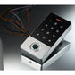 Fingerprint keypad access control with numeric keypad and blue ring sensor on mounting base