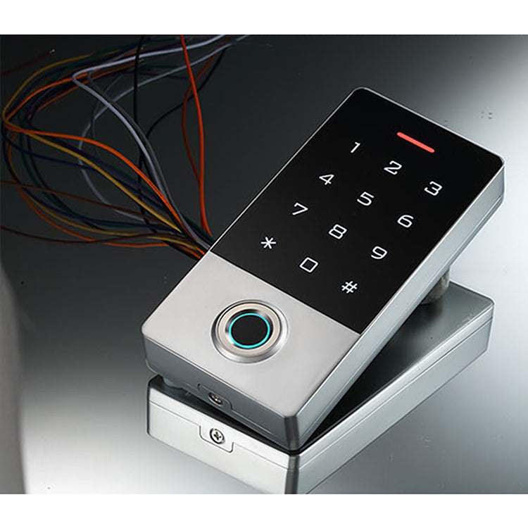 Fingerprint keypad access control with numeric keypad and blue ring sensor on mounting base