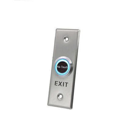 Touchless exit switch with brushed metal panel, blue No Touch ring, and EXIT text
