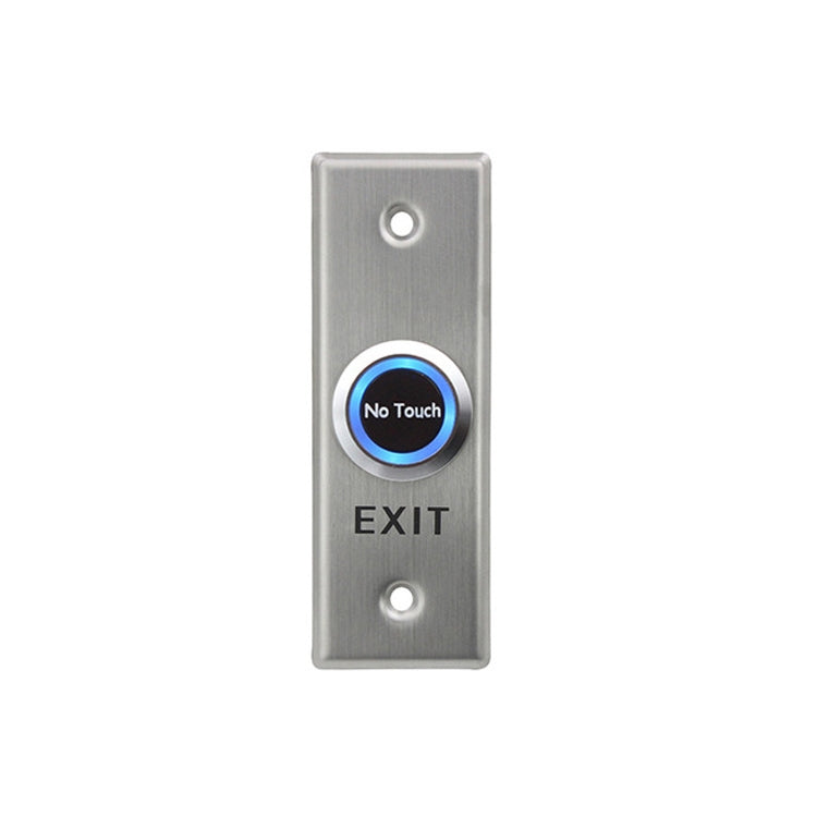 Touchless exit switch with brushed metal panel, blue No Touch ring, and EXIT label