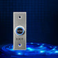 Touchless exit switch with brushed metal plate, illuminated blue No Touch ring, EXIT text
