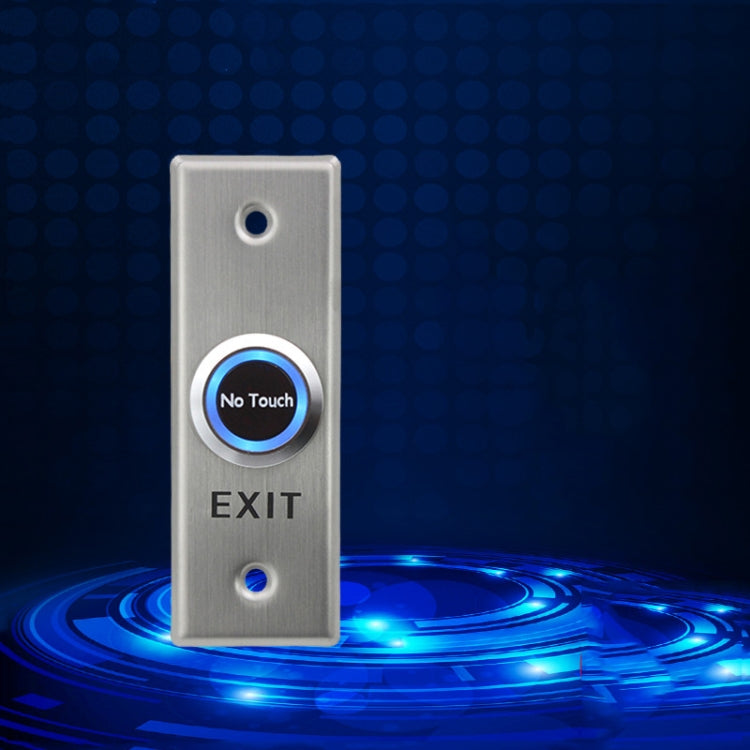 Touchless exit switch with brushed metal plate, illuminated blue No Touch ring, EXIT text