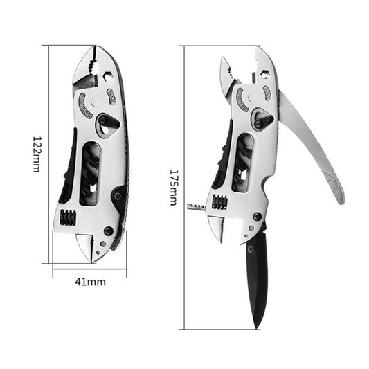 Outdoor multitool pliers with tool panel and diagrammed dimensions